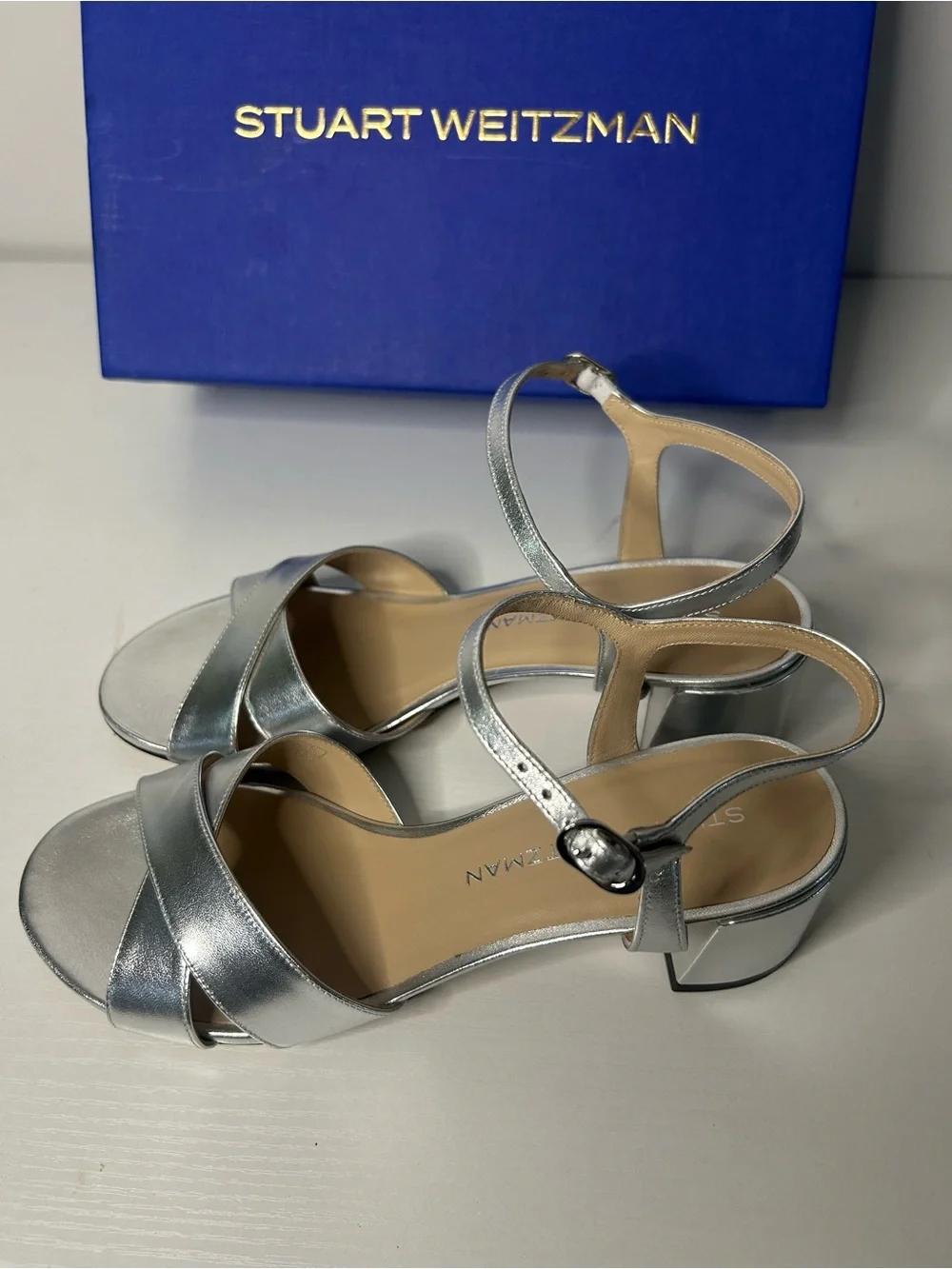 Stuart Weitzman Dayna block heel 50 silve NIB 9